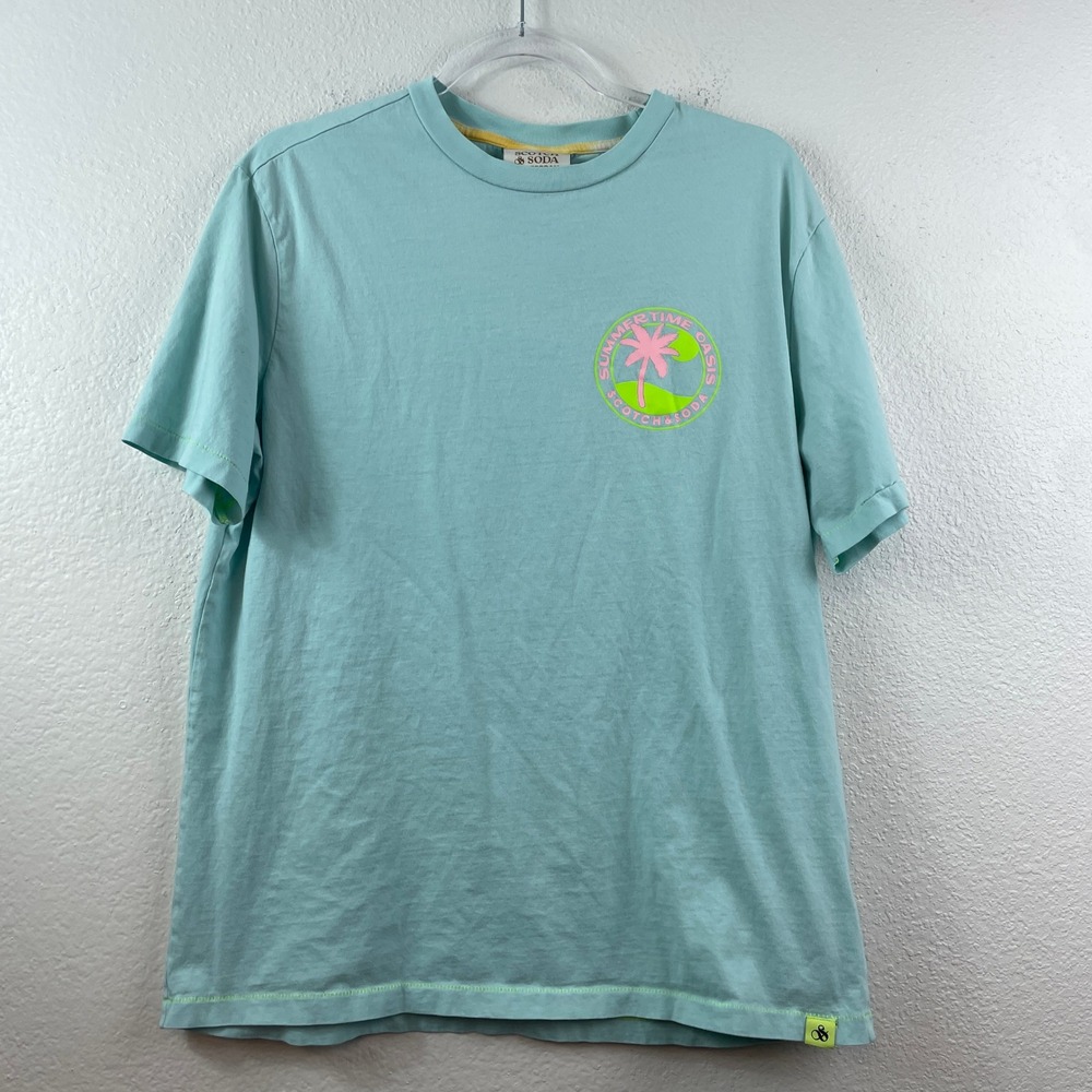 Scotch & Soda Mens Summertime Oasis Graphic T-Shirt Aqua Blue Large Short Sleeve